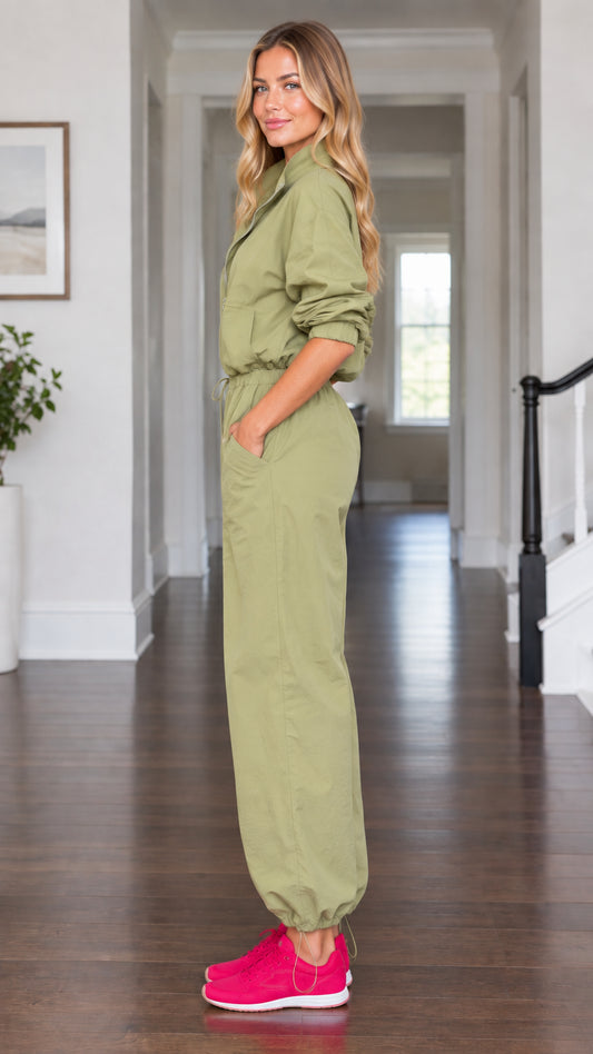 Side profile of model wearing olive green casual long sleeve parachute jumpsuit