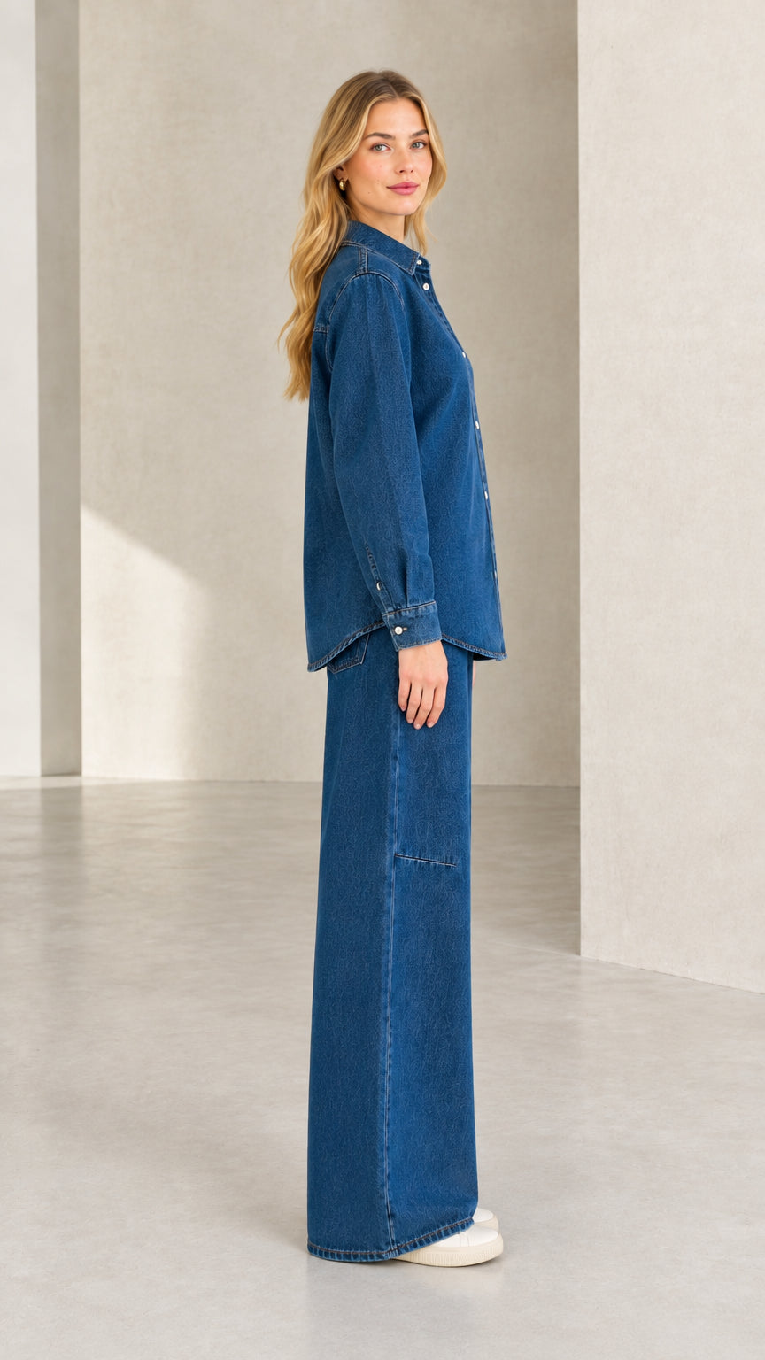 Side view of classic blue denim two-piece pant set