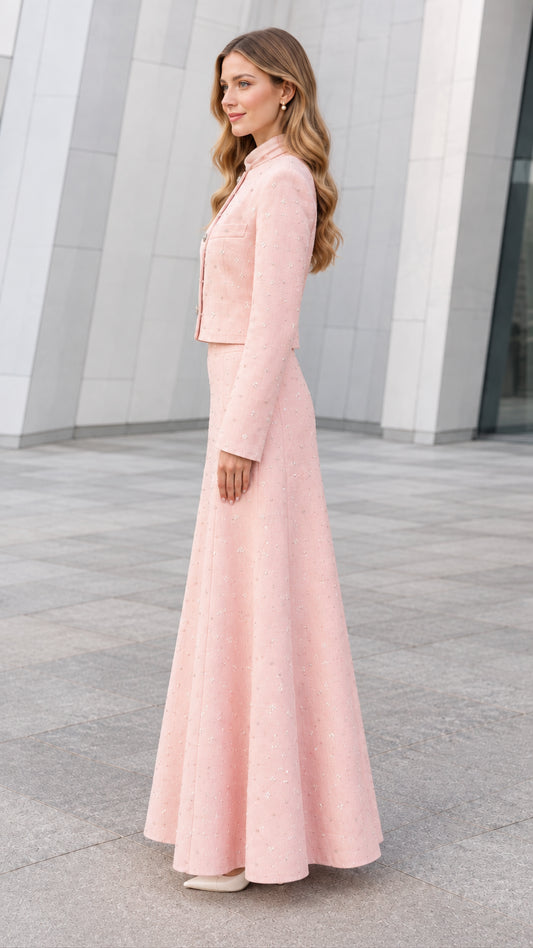 Side profile view of Blush Pink tweed modest two-piece skirt set