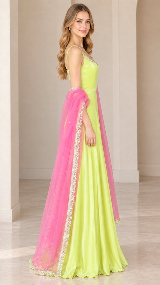 Side profile view of lime green satin maxi gown with pink dupatta draped on shoulders