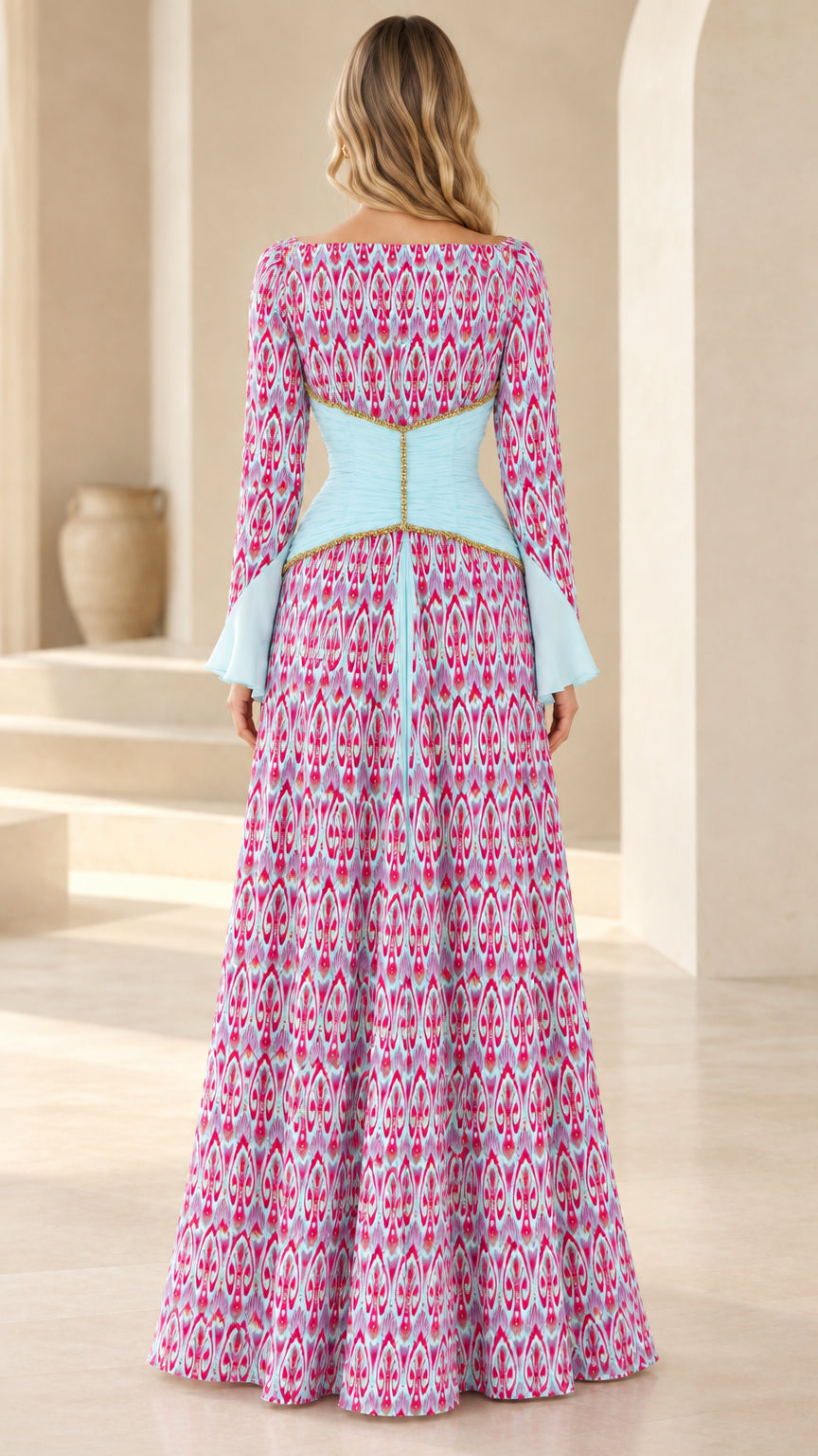 Fuchsia and sky blue printed long sleeve maxi dress back view