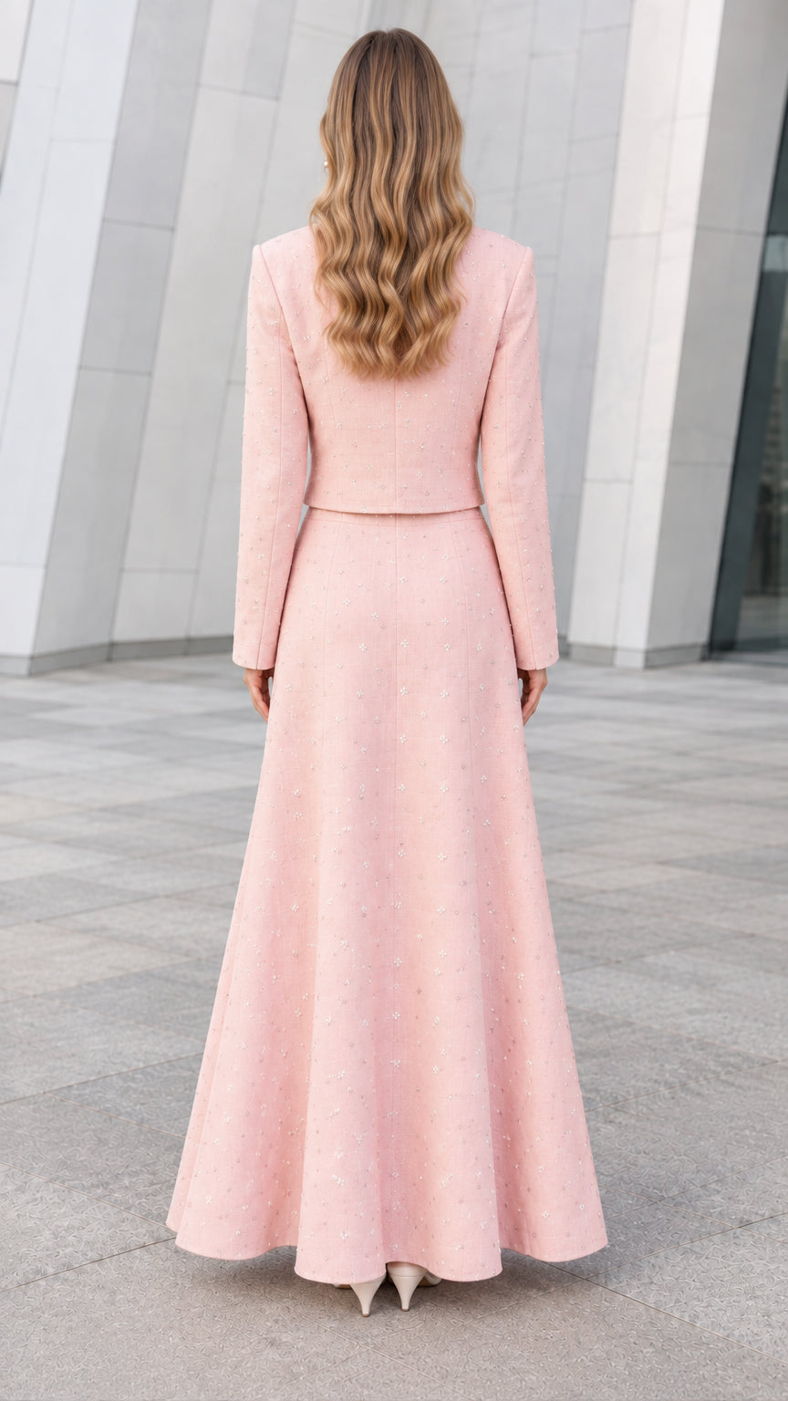 Back full-length view of Blush Pink tweed jacket and A-line maxi skirt