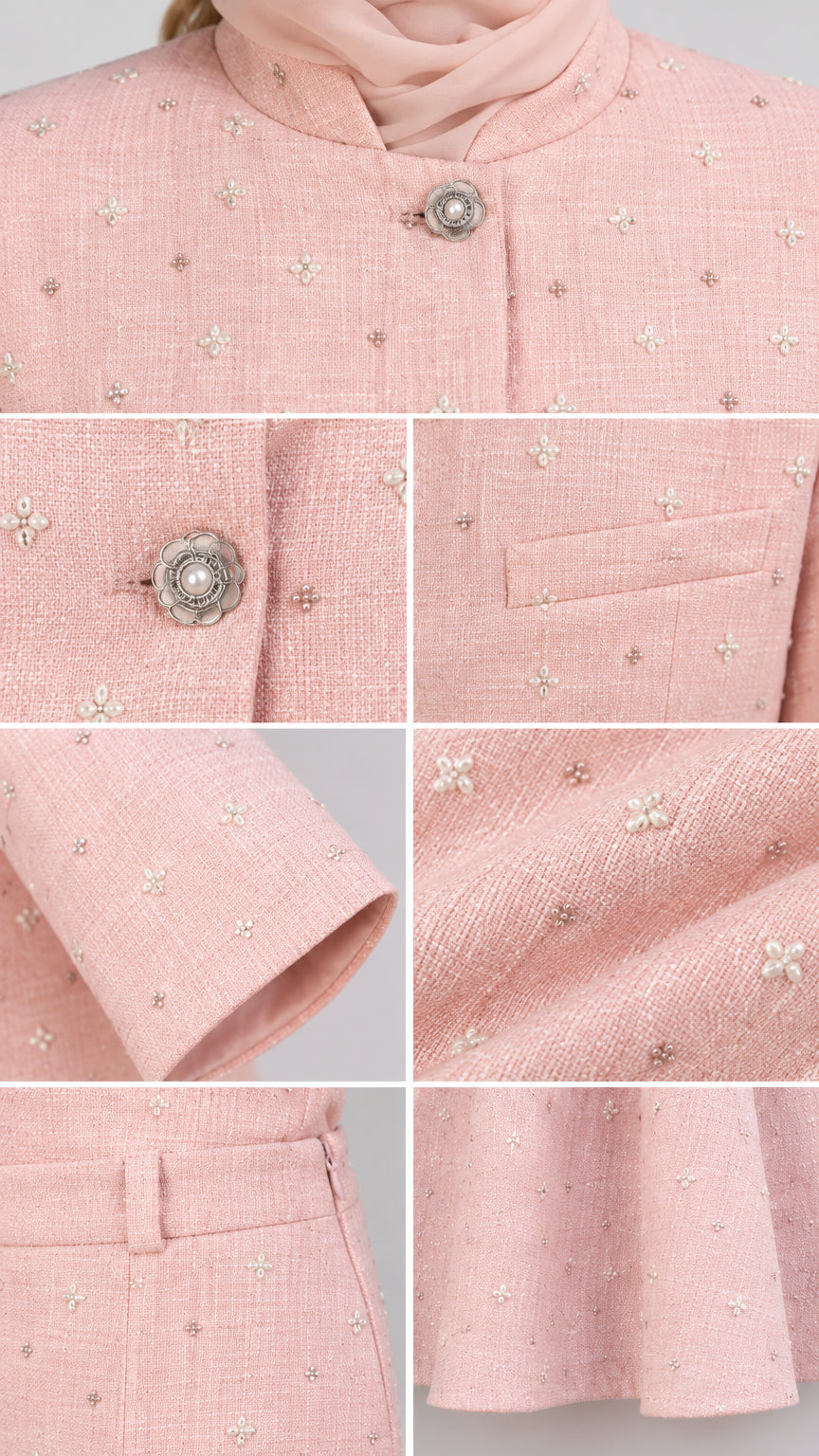 Close-up details of Blush Pink tweed set showing stand collar, ornate pearl button, welt pocket, and fabric texture