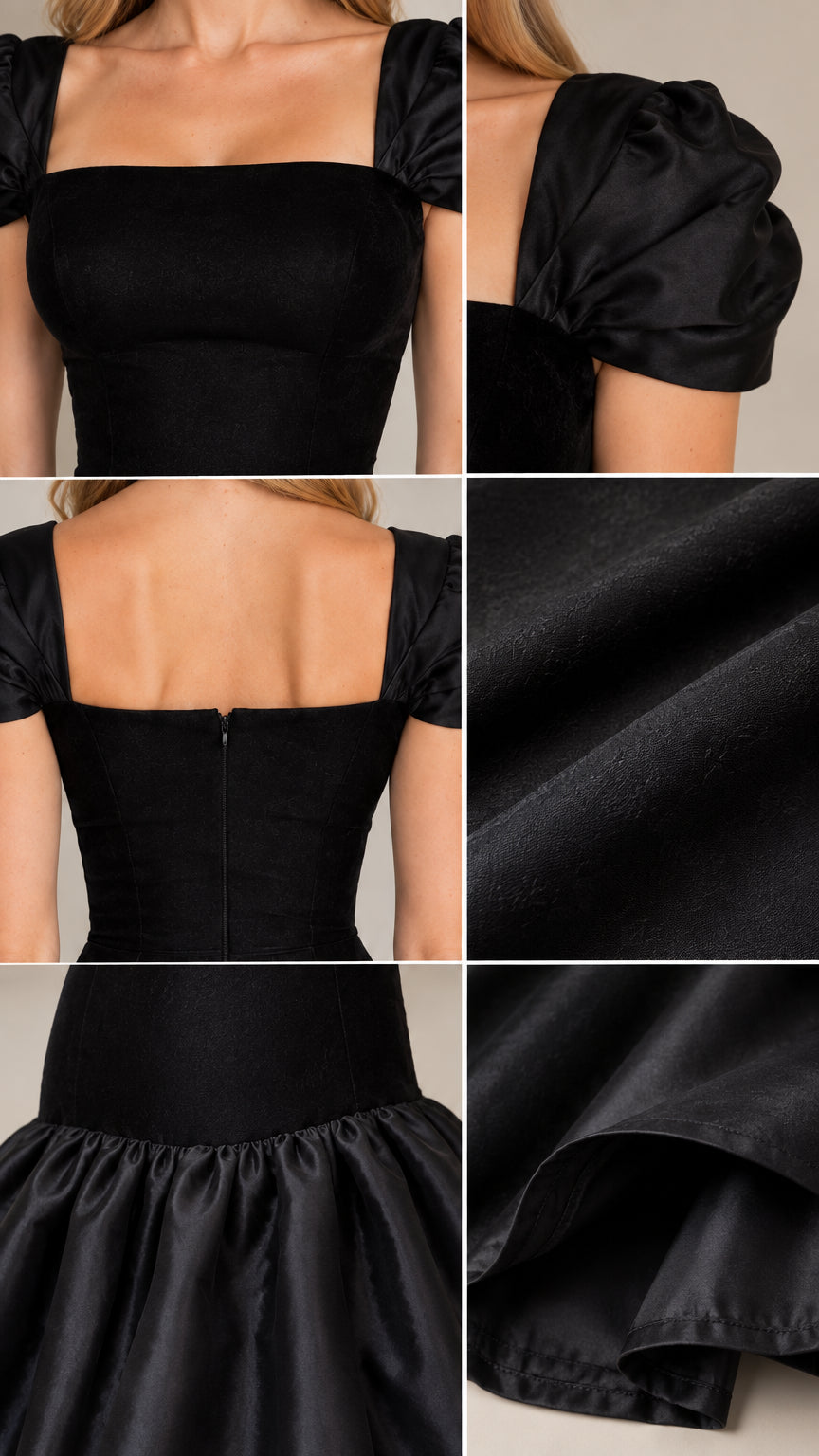 Close-up details of black satin fabric, bodice stitching, and puff sleeve