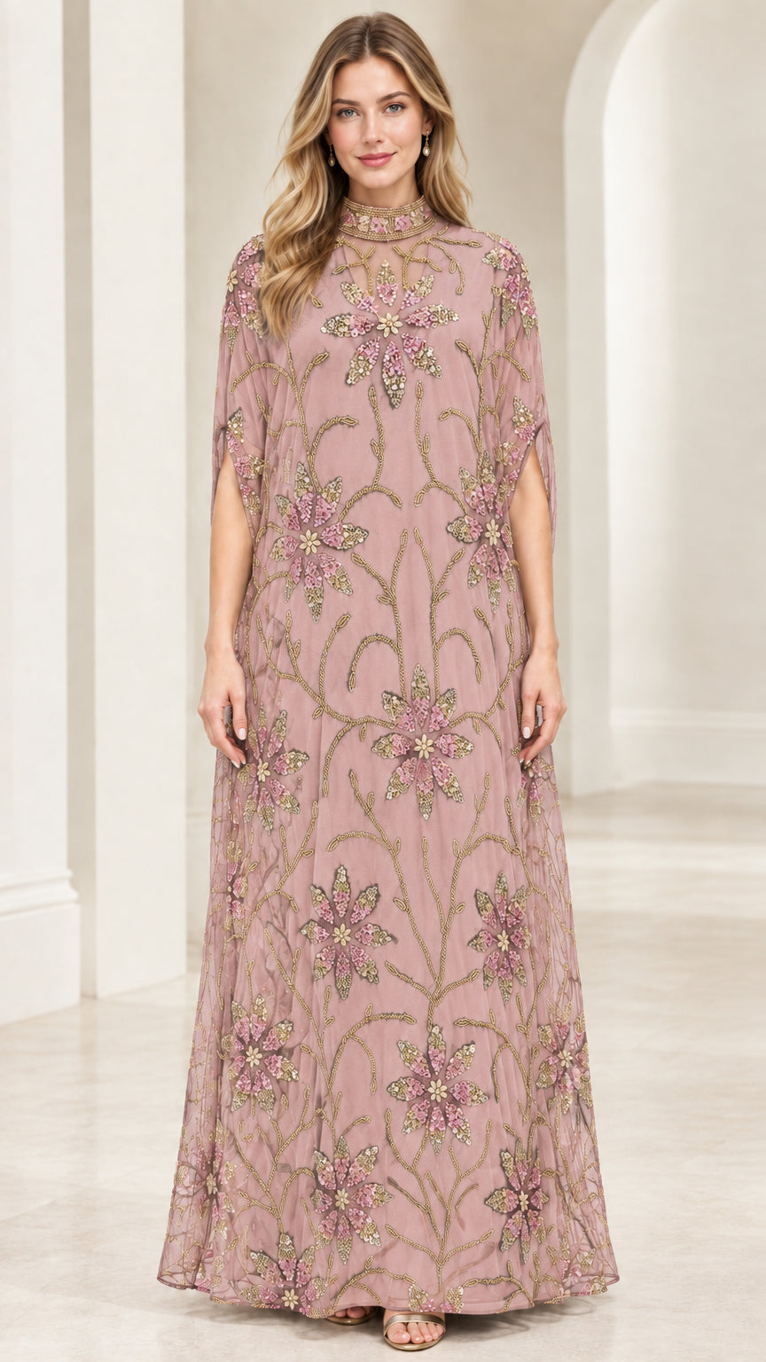 Front full view of dusty pink floral beaded cape sleeve maxi dress