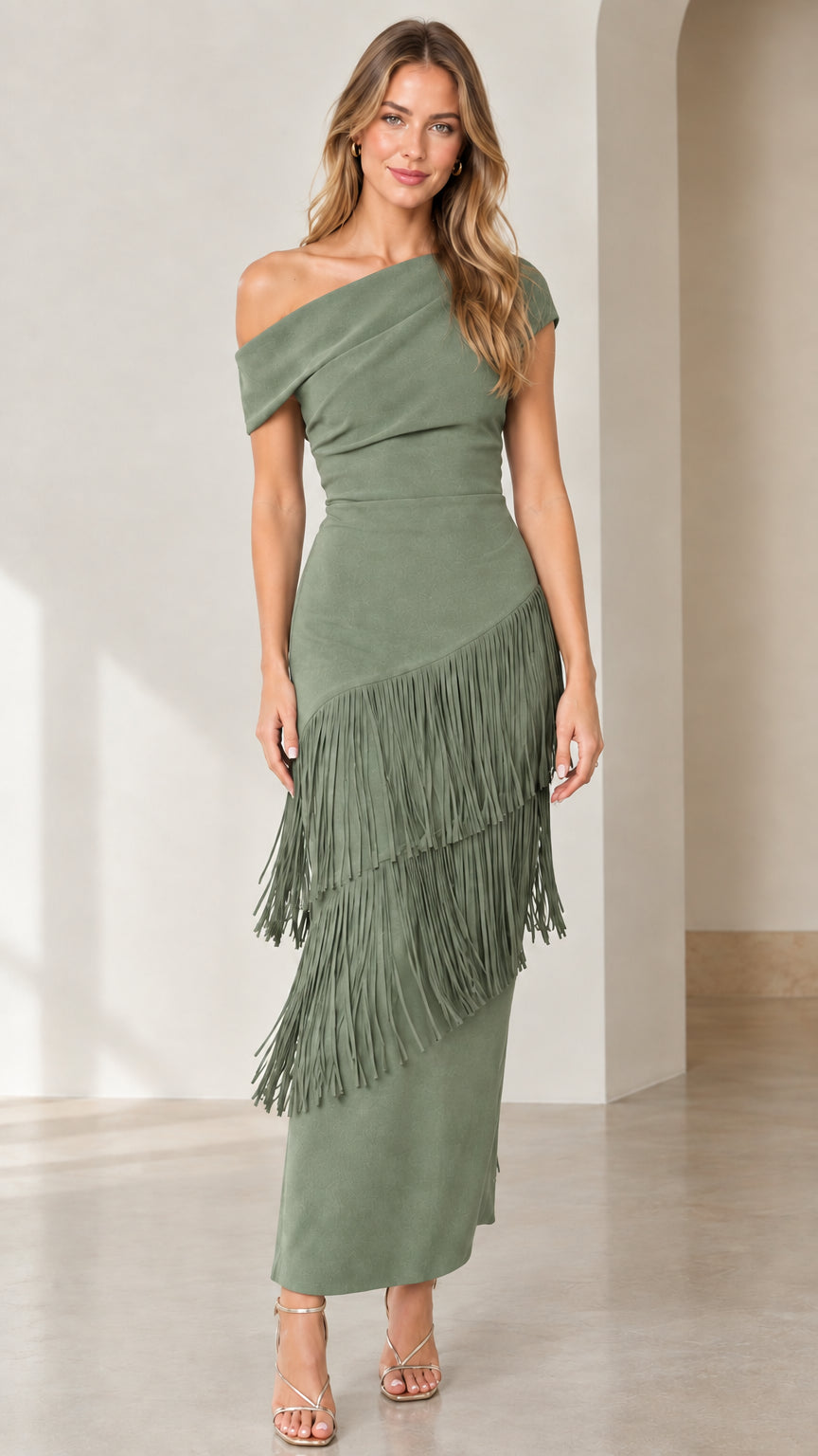 Front view of sage green one-shoulder tiered fringe midi dress