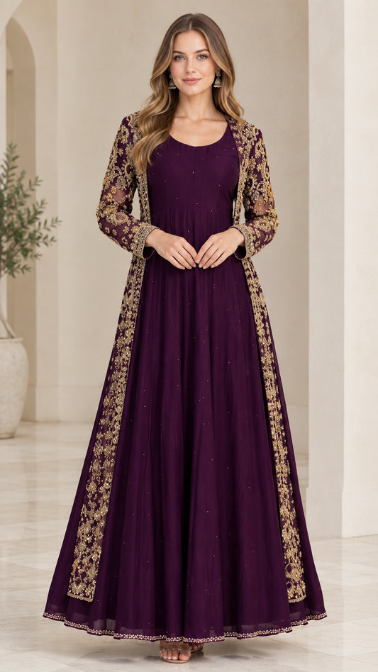 Full-length front view of deep purple A-line maxi dress paired with a gold embroidered longline sheer jacket