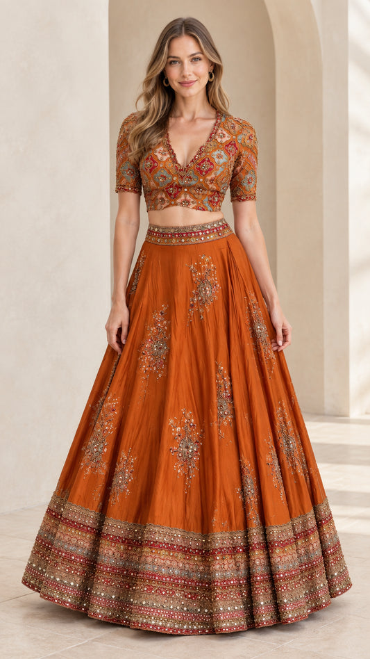 Front view of woman wearing Rust Orange embroidered V-neck crop top and flared maxi skirt set