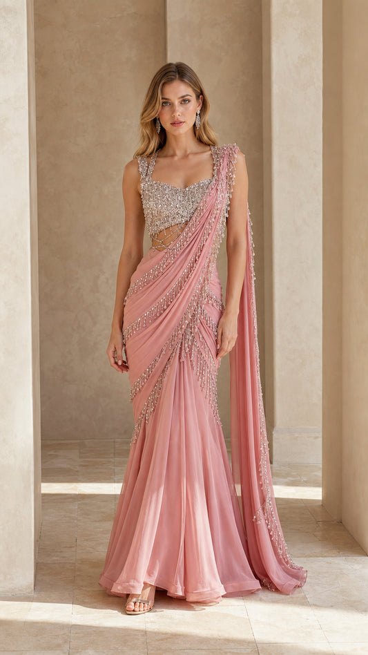 Front full view of dusty pink embellished pre-draped saree evening gown