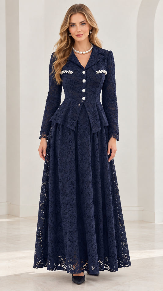 Front full-length view of the floral lace peplum maxi dress in navy blue
