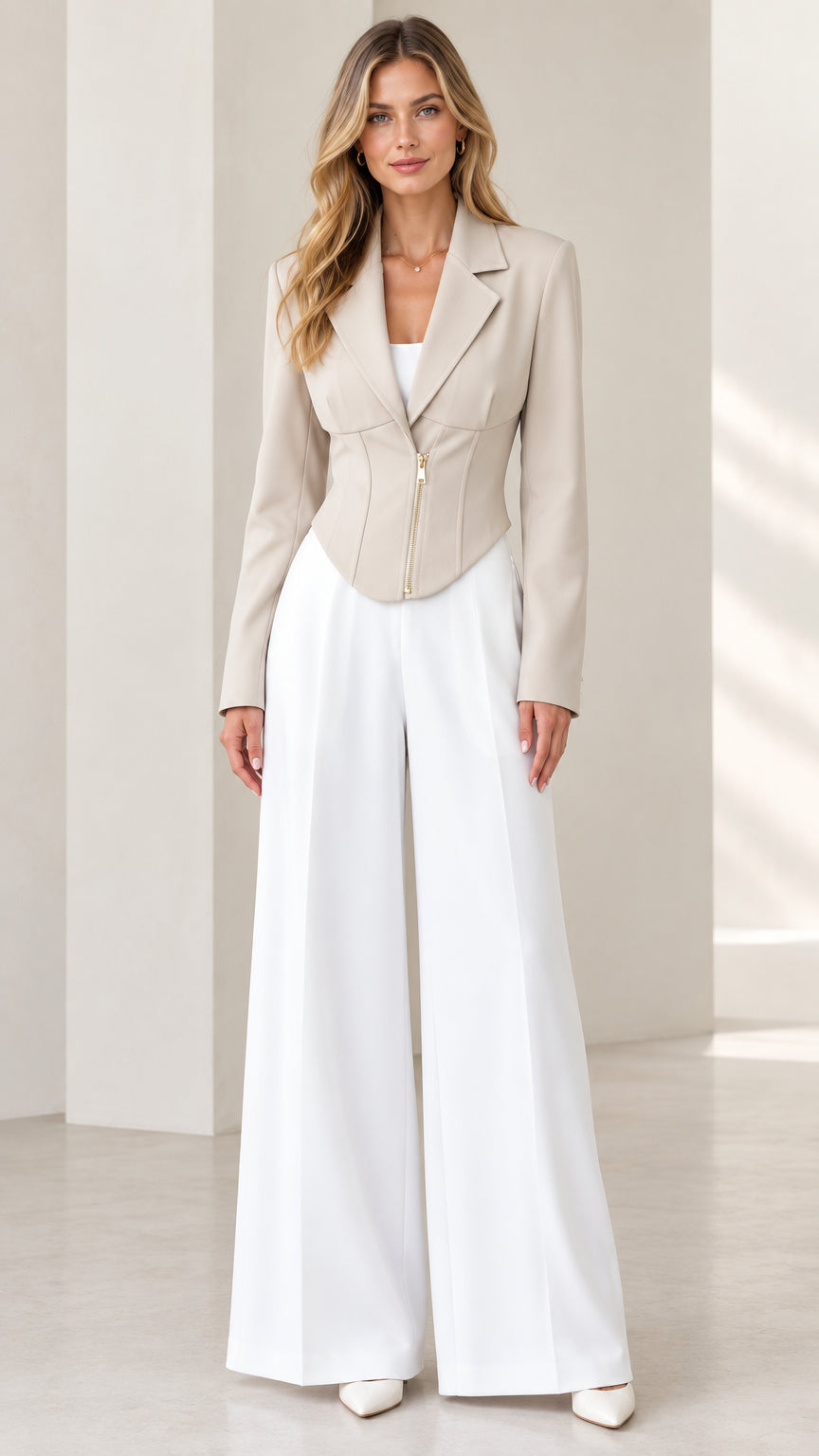 Model wearing a beige corset blazer with front zip and white wide-leg trousers