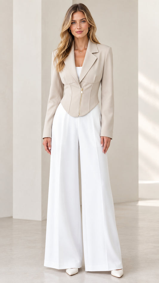 Model wearing a beige corset blazer with front zip and white wide-leg trousers