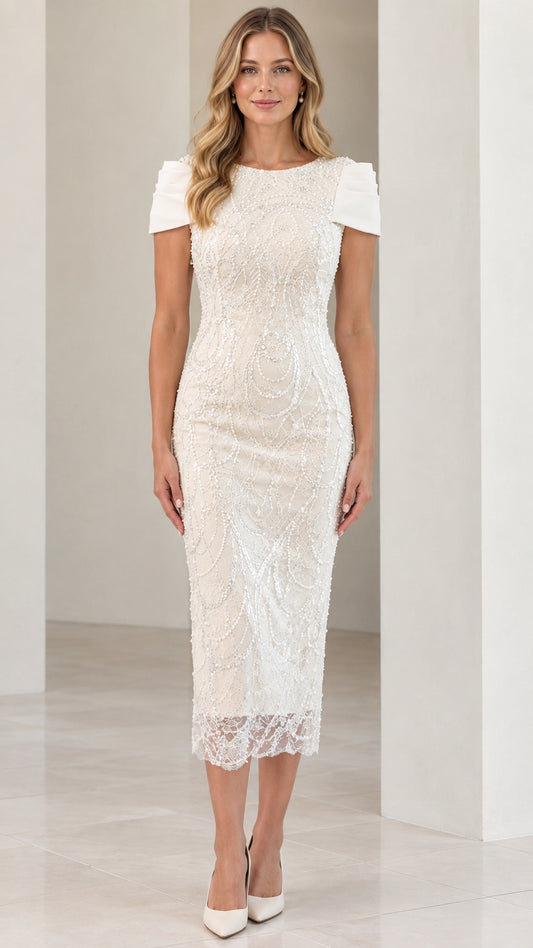 Full-length front view of woman wearing Ivory beaded sequin midi sheath dress with satin cap sleeves
