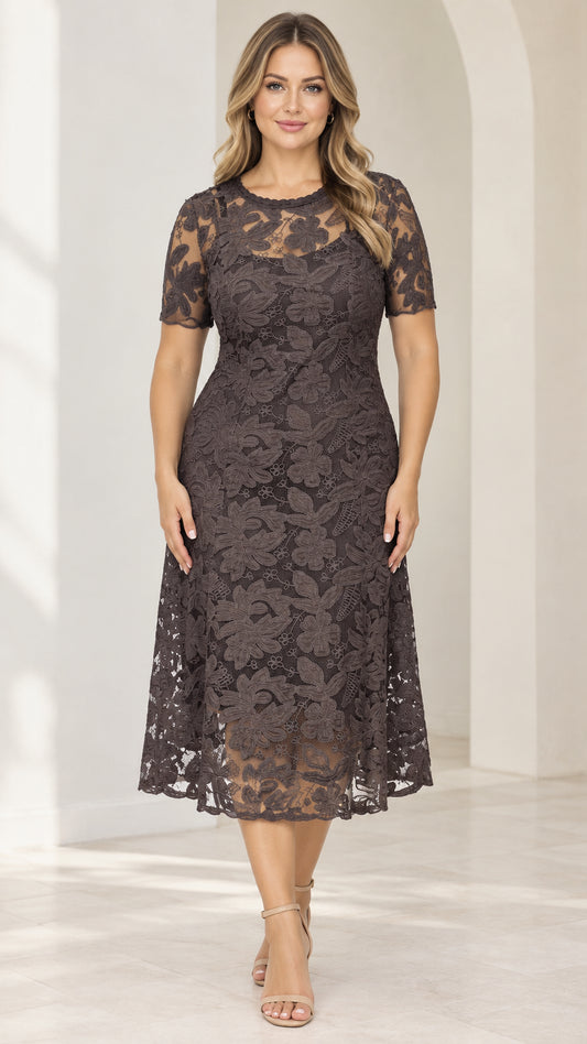 Front view of model wearing mocha brown floral lace short sleeve midi dress