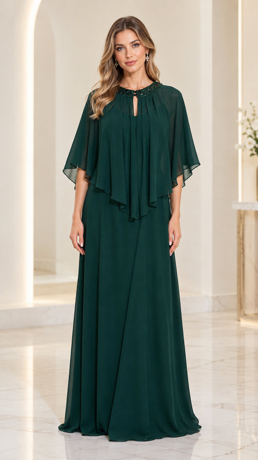 Front view of dark green chiffon capelet maxi dress with embellished neckline