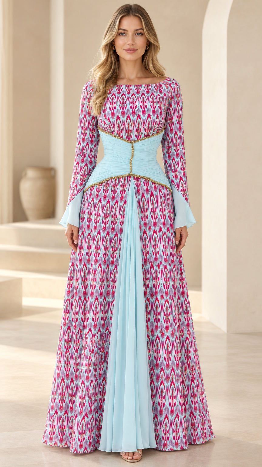 Fuchsia and sky blue ikat print long sleeve maxi dress with cinched beaded waist front view