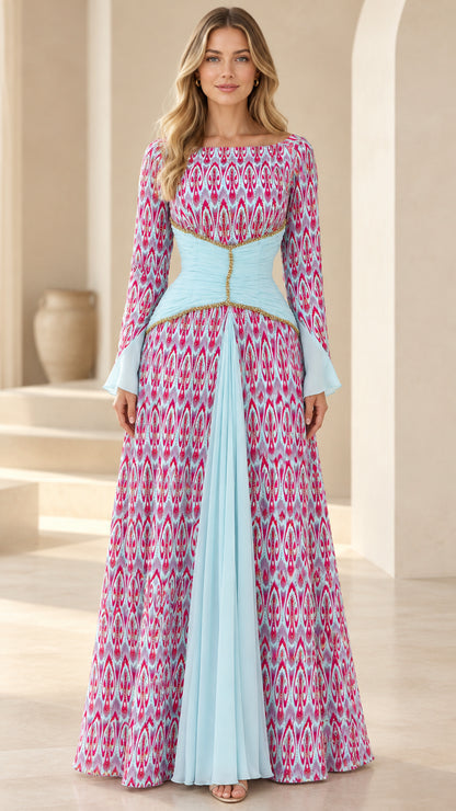 Fuchsia and sky blue ikat print long sleeve maxi dress with cinched beaded waist front view