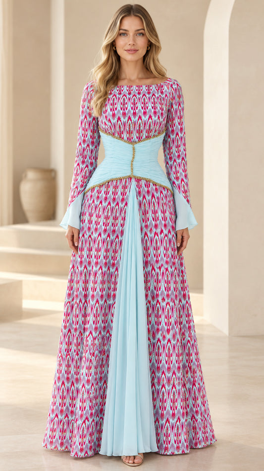 Fuchsia and sky blue ikat print long sleeve maxi dress with cinched beaded waist front view