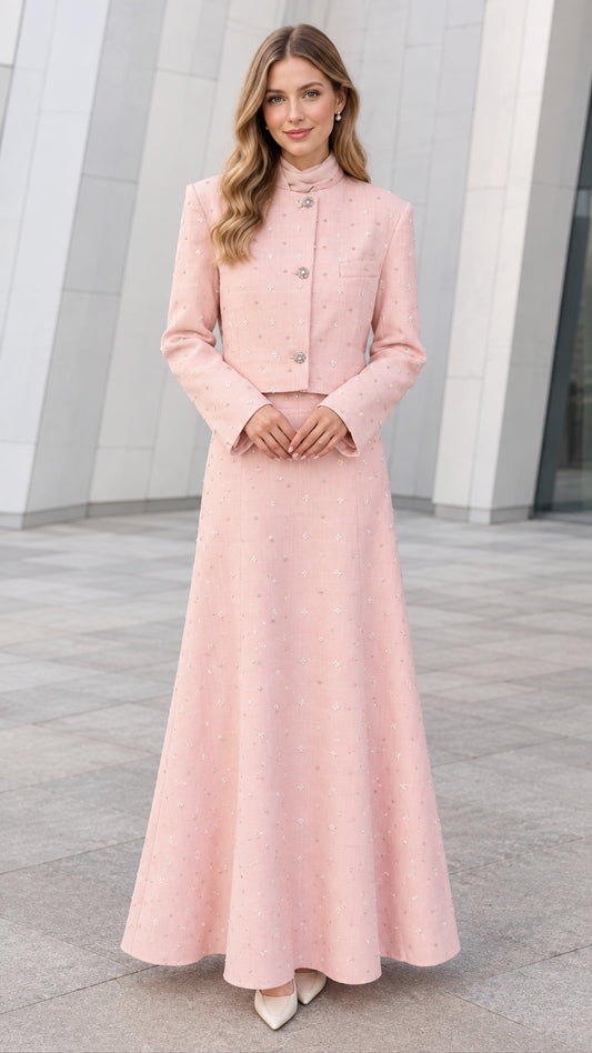 Front full-length view of model wearing Blush Pink embellished tweed cropped jacket and matching A-line maxi skirt set