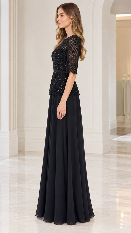 Side full view of black sequin lace formal evening gown