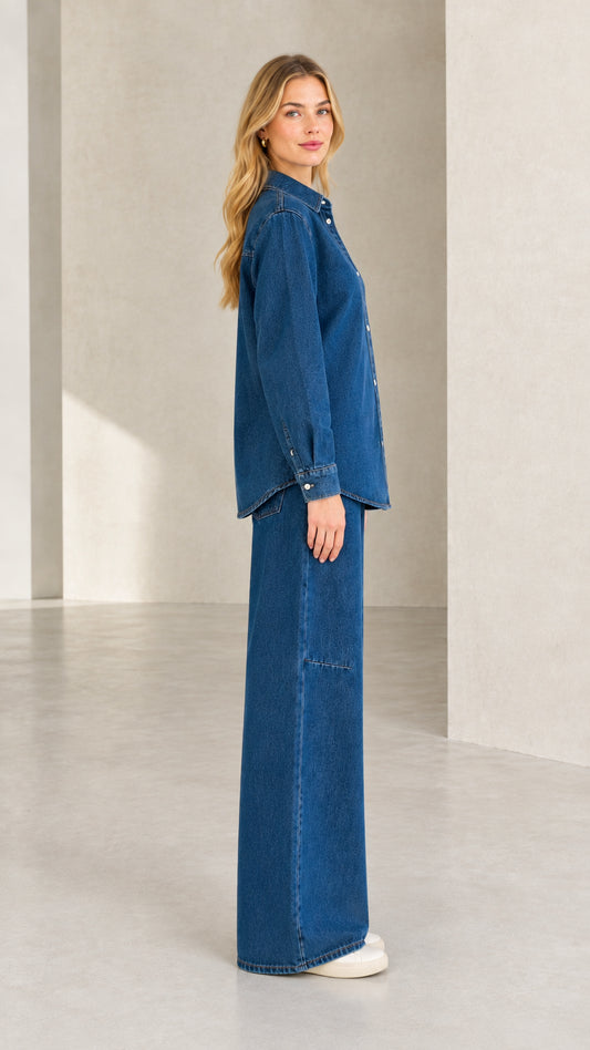Side view of classic blue denim two-piece pant set
