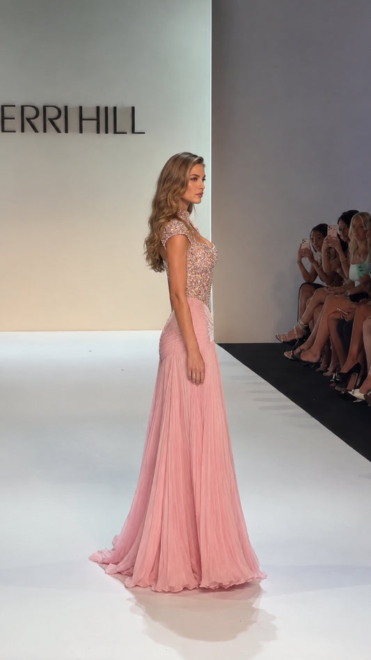 Side view of model in Blush Pink embellished bodice floor length formal dress