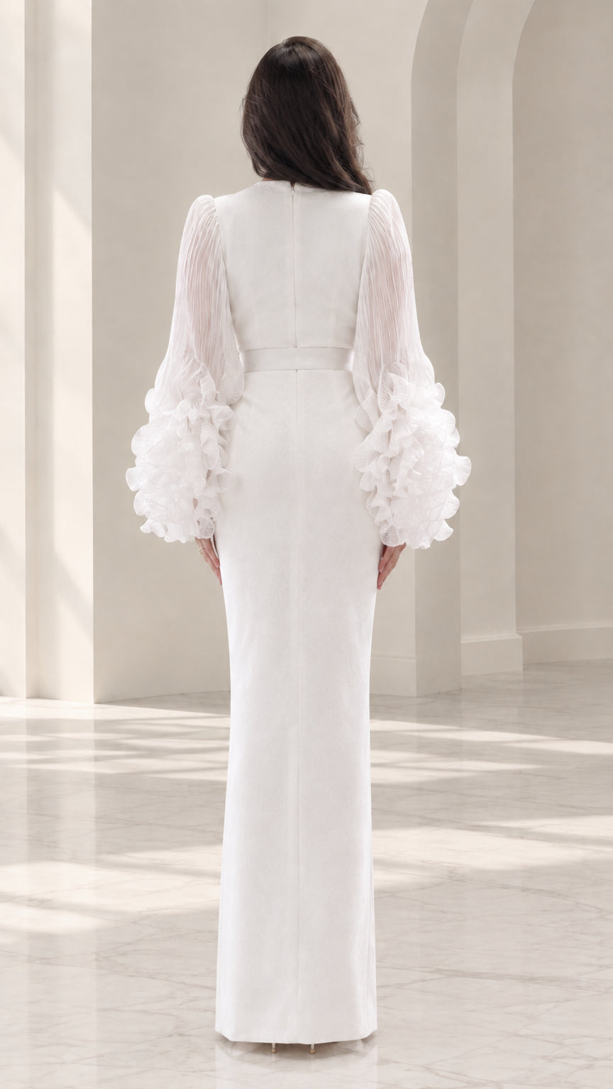 Back view of white long sleeve evening gown with concealed zipper