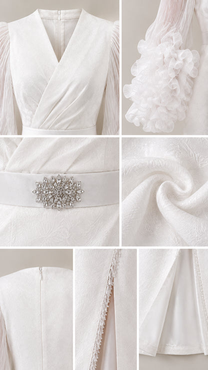 Detailed close-up collage of neckline, ruffle cuff, crystal belt buckle, and slit trim