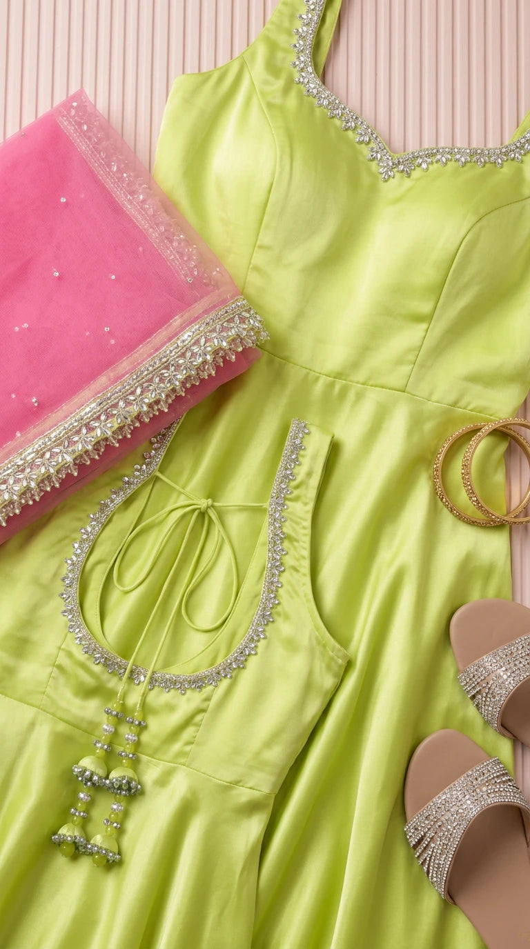Flat lay close-up of lime green gown bodice detailing neckline embroidery and pink border dupatta