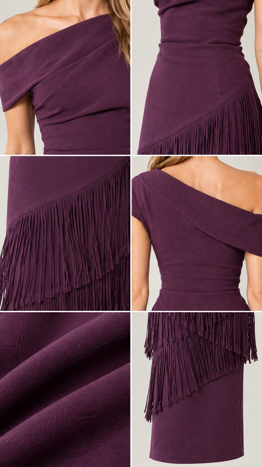 Detailed close-ups of folded neckline, tiered fringe, and smooth fabric texture