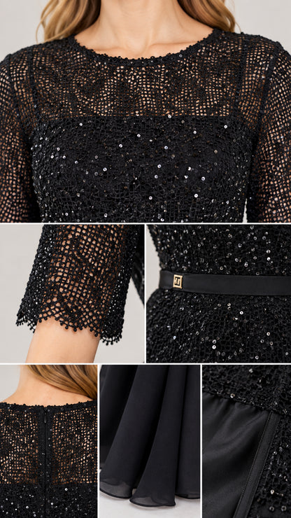 Close-up details of black sequin lace fabric, scalloped sleeve, belted waist, and back zipper