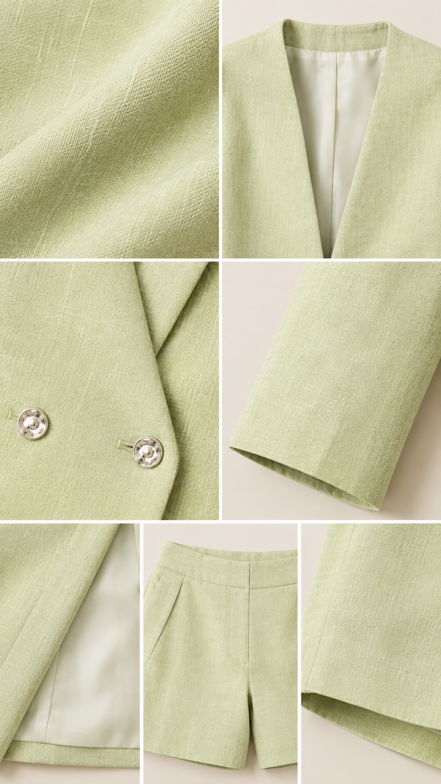 Fabric and detail closeups of collarless neckline, lining, buttons, and short hem