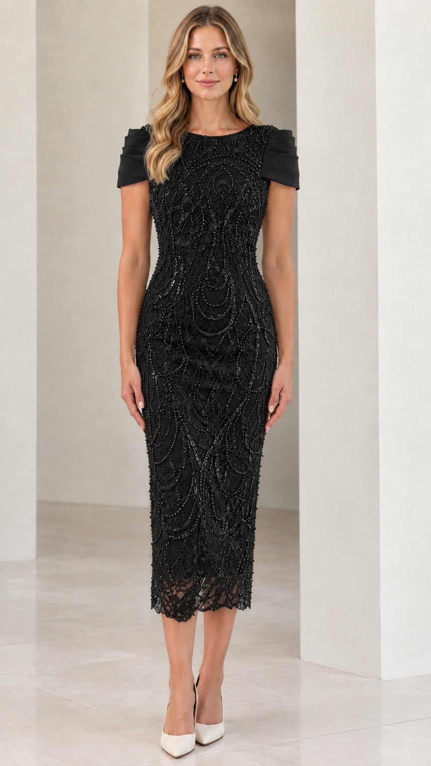 Front view of woman wearing Black beaded midi sheath formal dress