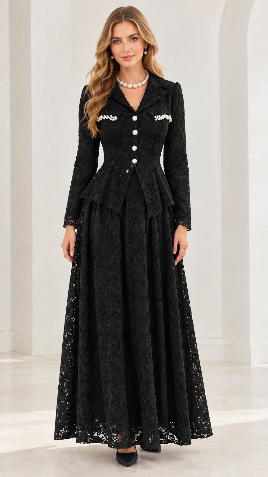 Front full-length view of black floral lace peplum maxi dress