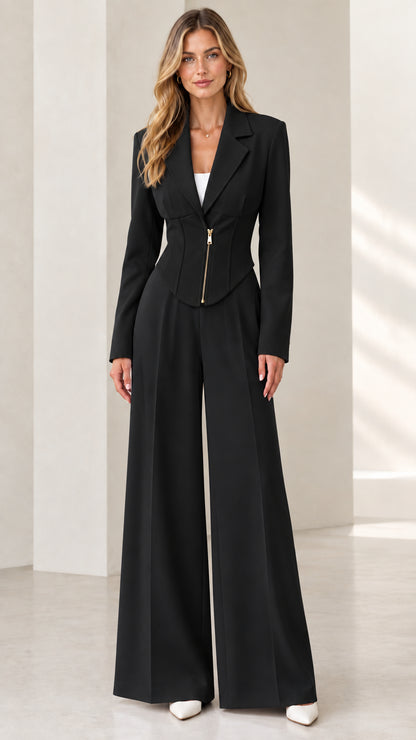 Model wearing full black corset blazer and matching black wide-leg trousers