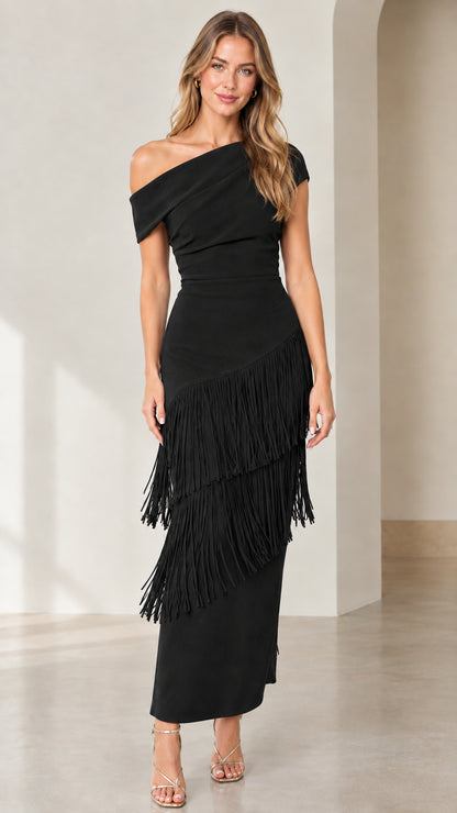 Front view of black one-shoulder tiered fringe midi dress