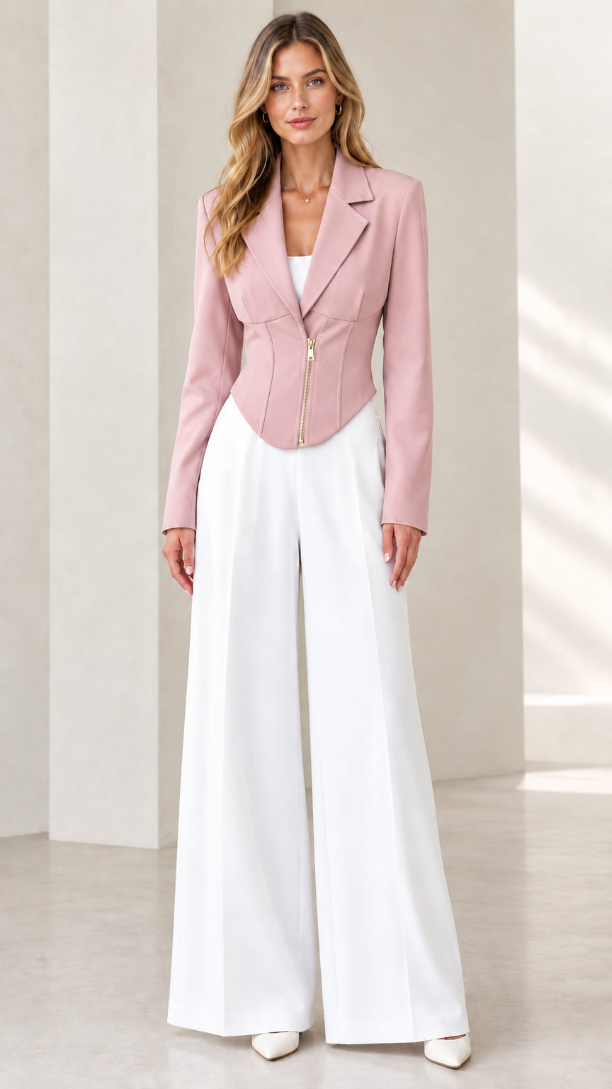 Model wearing dusty pink corset blazer paired with white wide-leg trousers