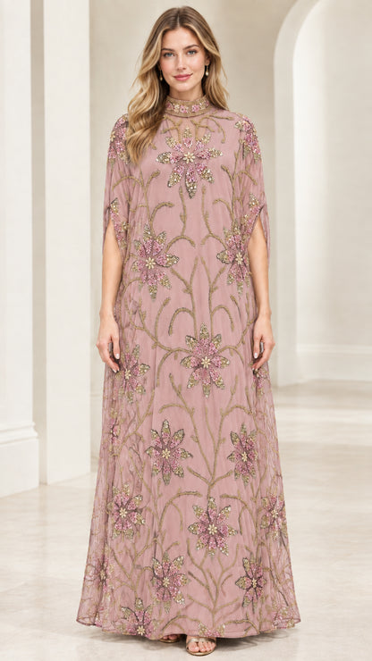 Front full view of dusty pink floral beaded cape sleeve maxi dress
