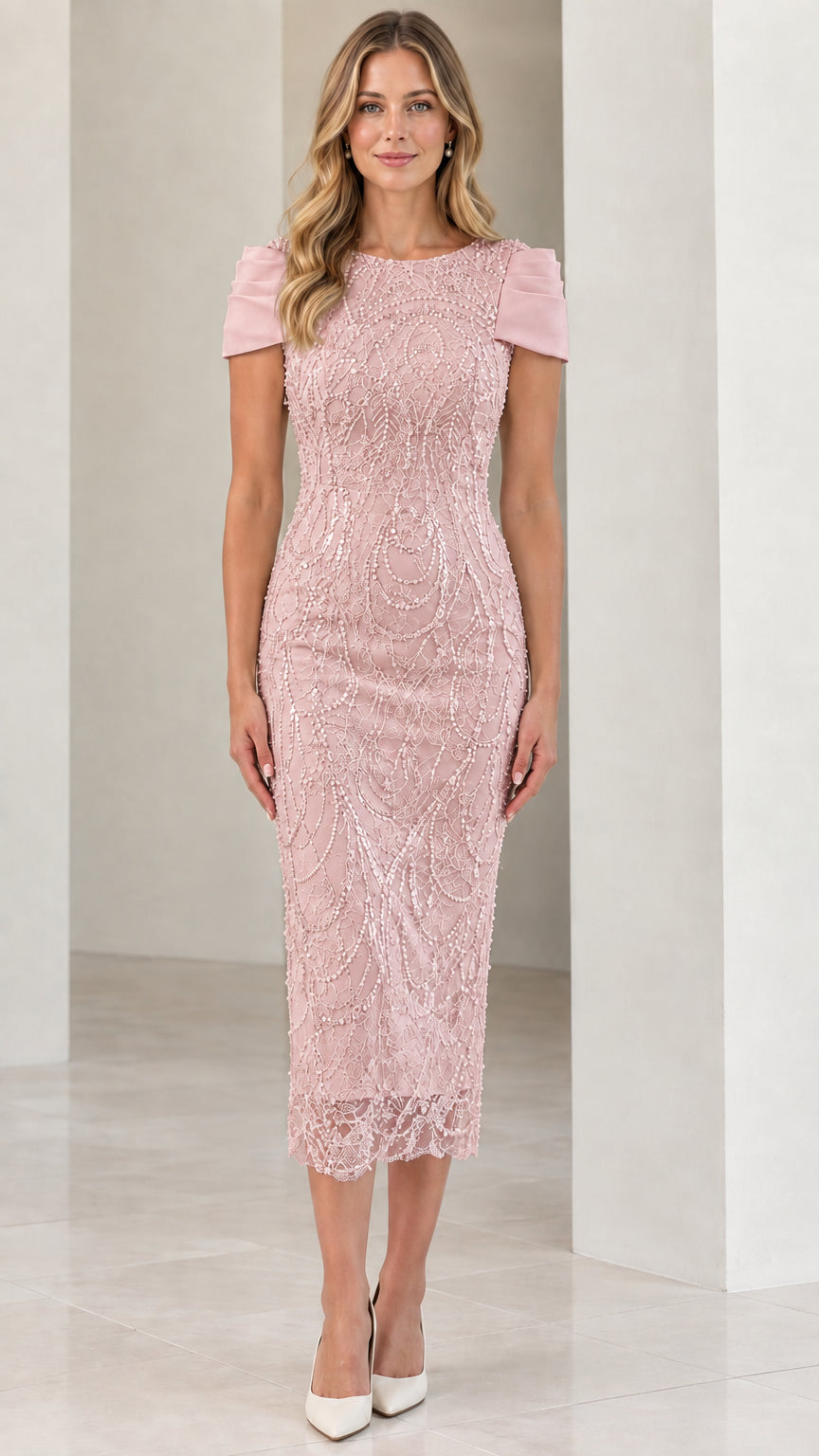 Front view of woman wearing Blush Pink embellished midi pencil dress