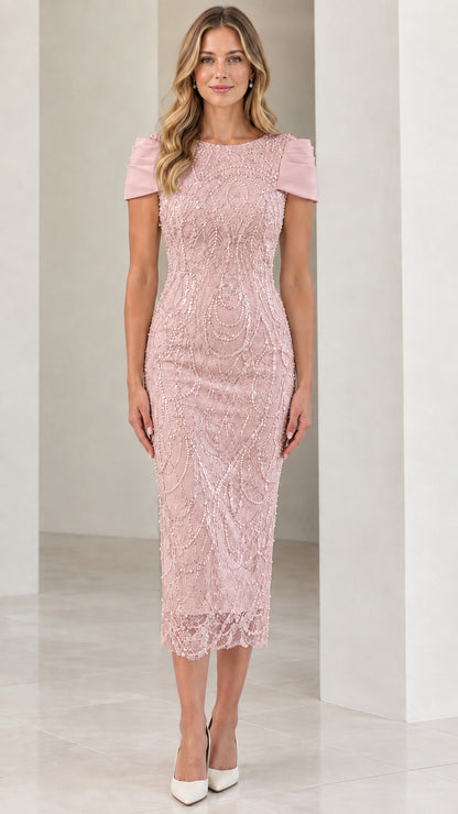 Front view of woman wearing Blush Pink embellished midi pencil dress