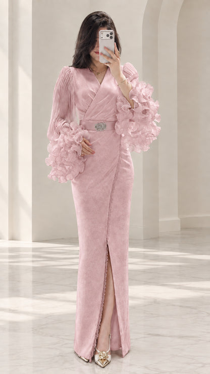 Dusty pink long sleeve evening gown with tiered ruffle cuffs and crystal belt brooch