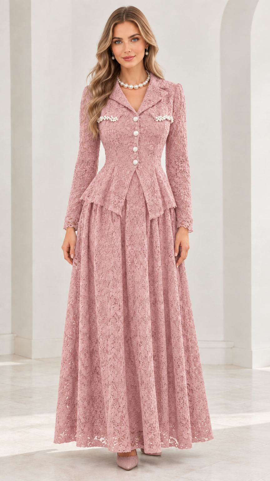 Front full-length view of dusty rose floral lace peplum maxi dress