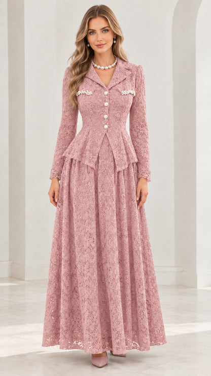 Front full-length view of dusty rose floral lace peplum maxi dress