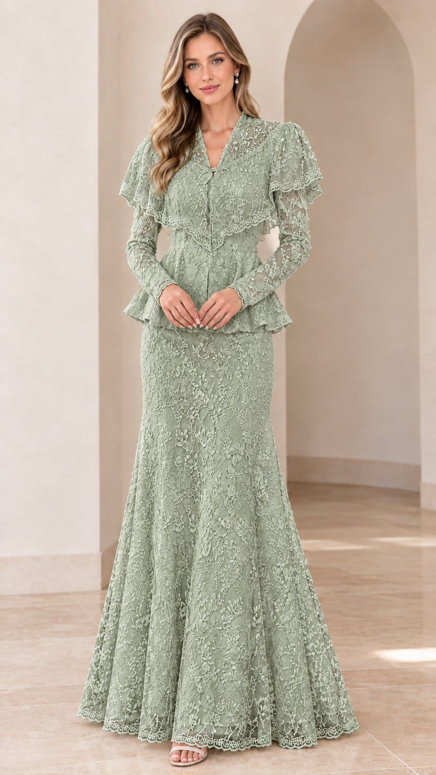 Full-length front view of the long sleeve lace maxi gown in sage green
