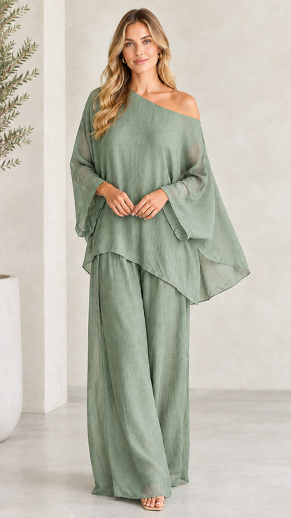 Front view of woman wearing Sage Green one-shoulder matching two-piece set