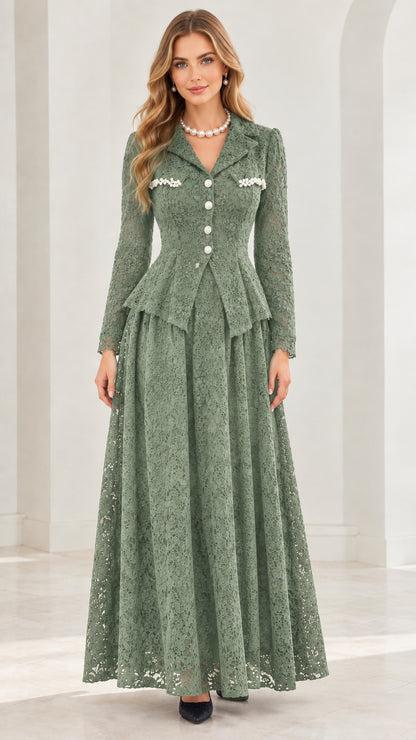 Front full-length view of sage green floral lace peplum maxi dress