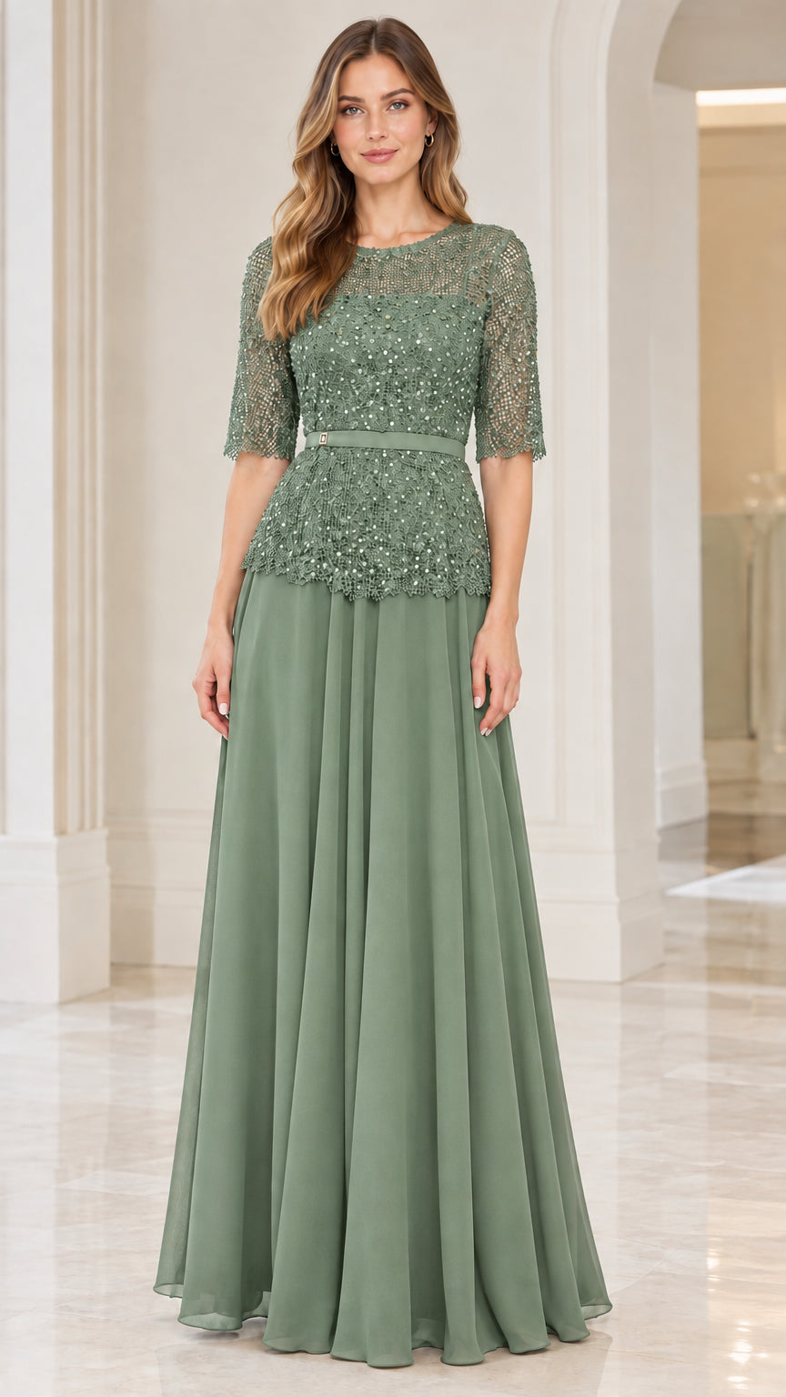 Front view of sage green sequin lace half sleeve evening maxi dress