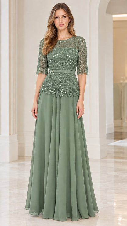 Front view of sage green sequin lace half sleeve evening maxi dress