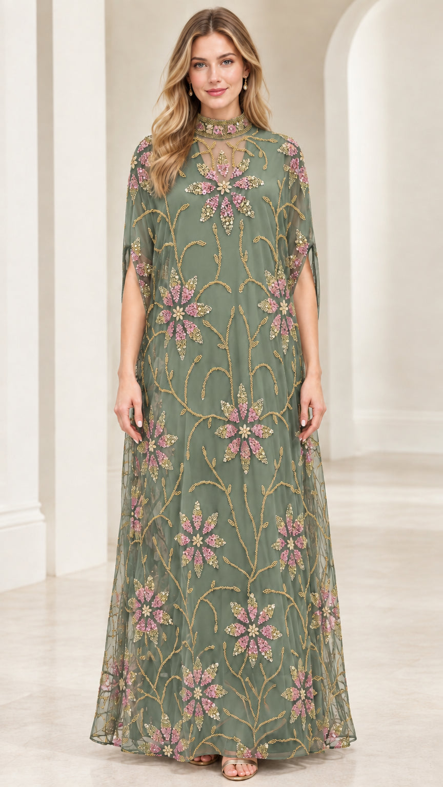 Front full view of sage green floral embroidered cape sleeve maxi dress