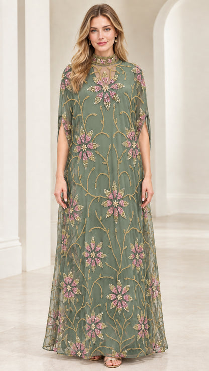 Front full view of sage green floral embroidered cape sleeve maxi dress